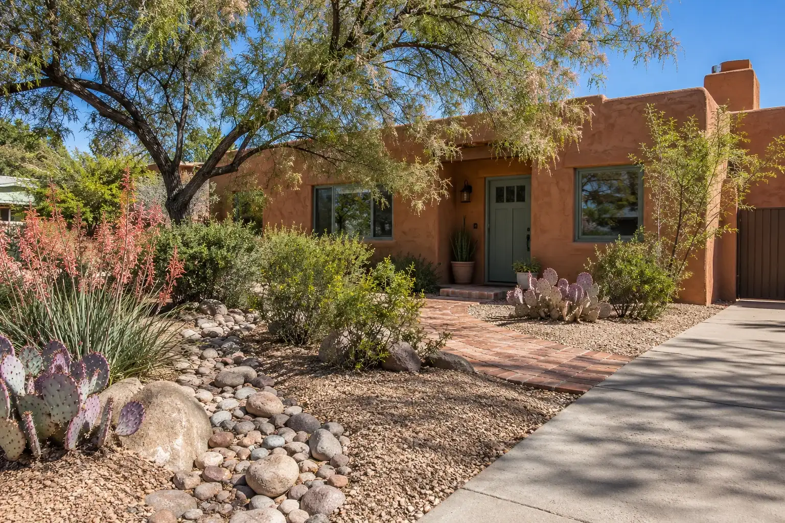 Adobe house entry with a dry river rock swale, flowering desert plants and a concrete walk at midday