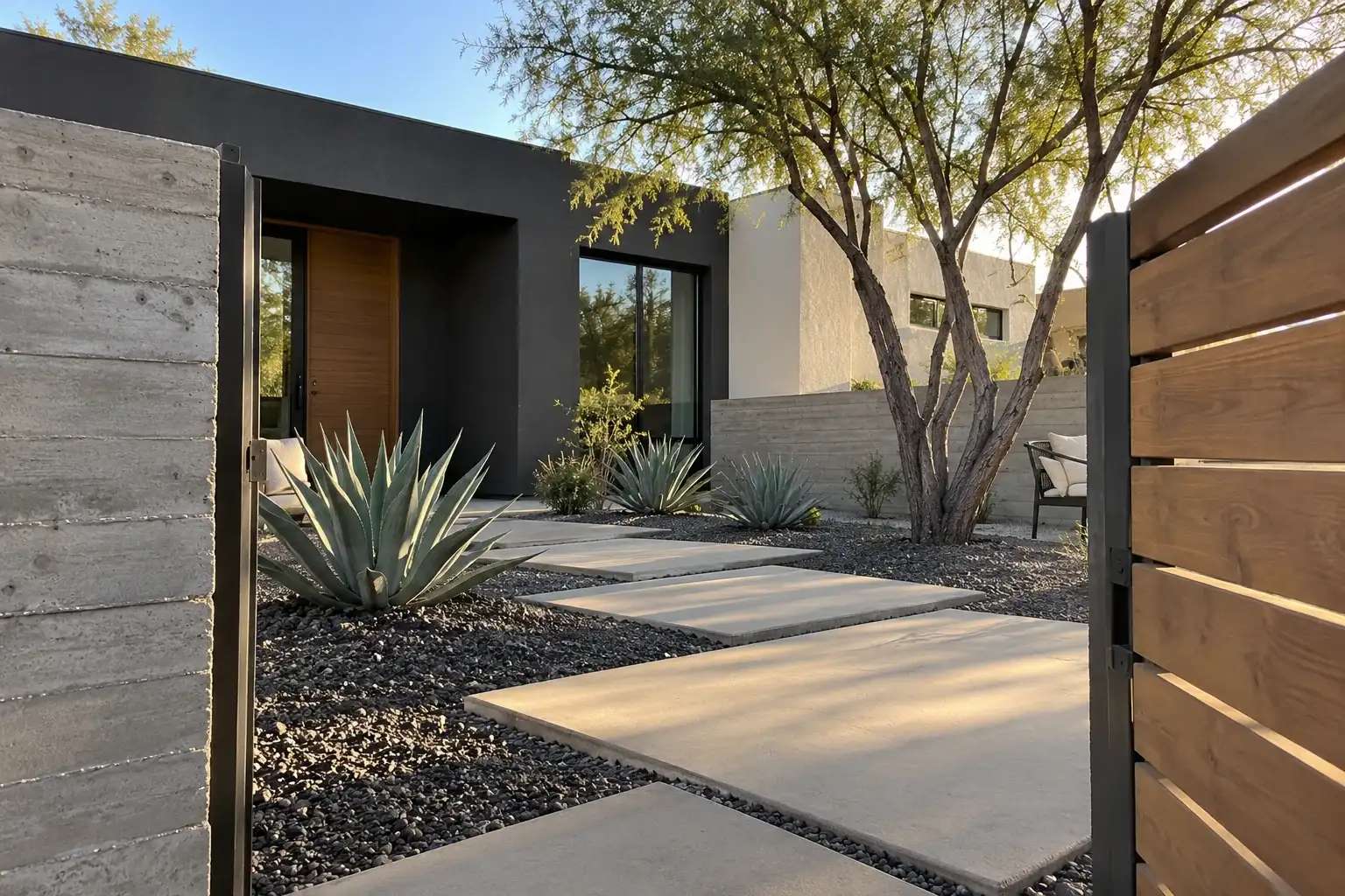 Contemporary courtyard with concrete stepping slabs, agaves and gravel beside a wood slat gate