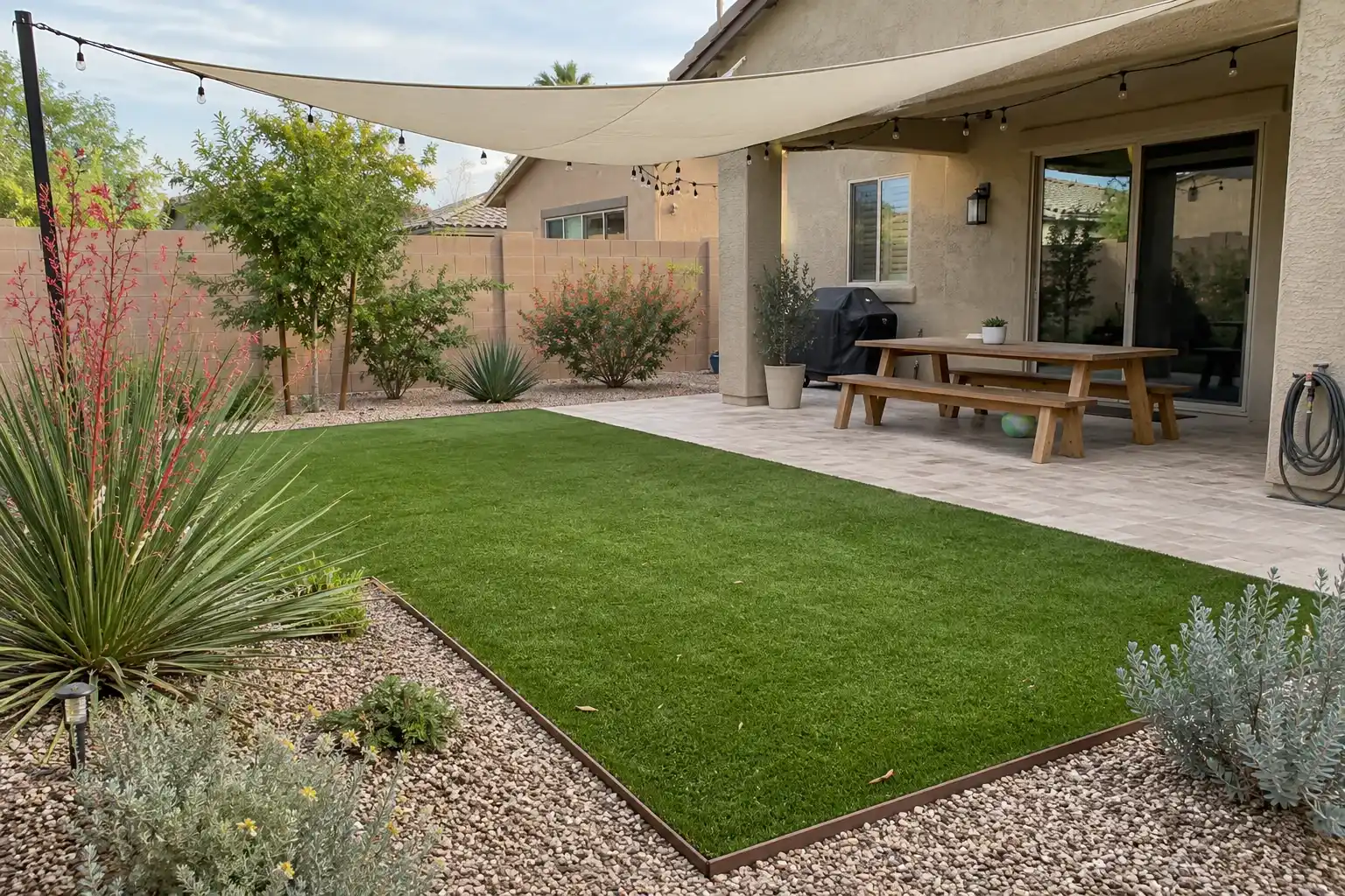 Compact backyard with a strip of artificial turf, a shade sail, a picnic table and desert planting