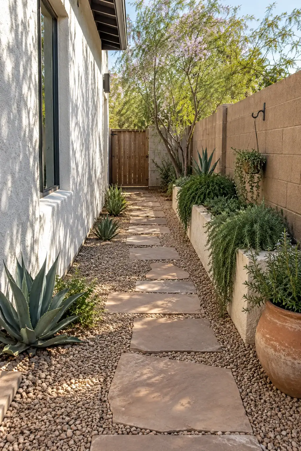 Narrow side yard with sandstone stepping stones, gravel and planted raised beds along a block wall