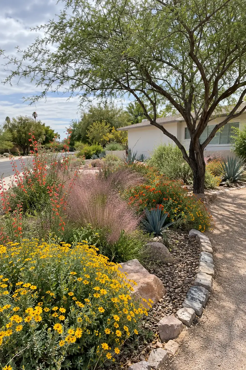 Colorful desert garden with yellow and pink flowers, grasses and an ironwood tree beside a gravel walk