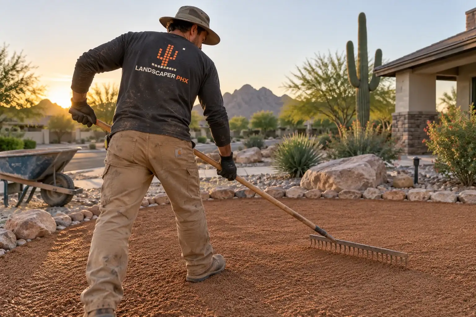 Landscaper in a Landscaper PHX shirt raking decomposed granite in a front yard at sunrise