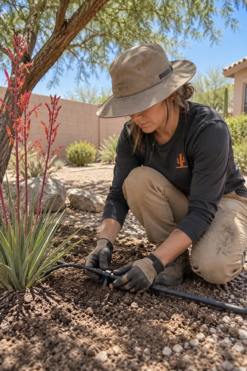 Landscaper kneeling to connect drip irrigation tubing beside a desert plant in midday shade