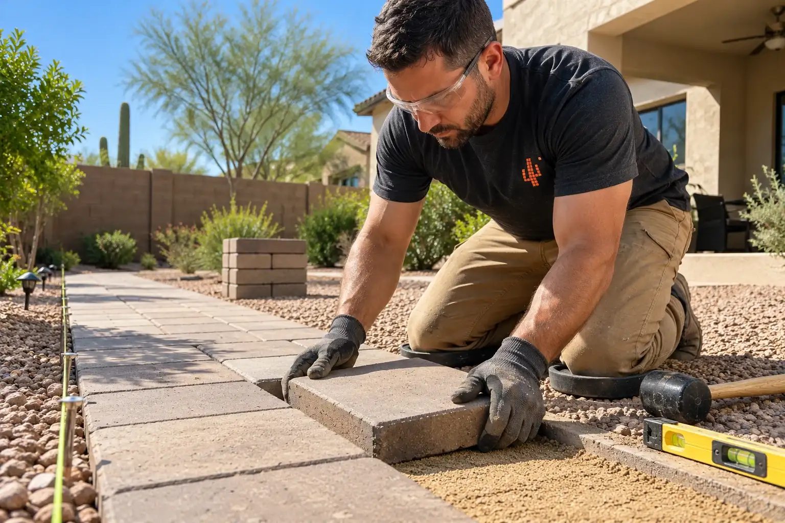 Landscaper setting a concrete paver along a walkway with a level beside him