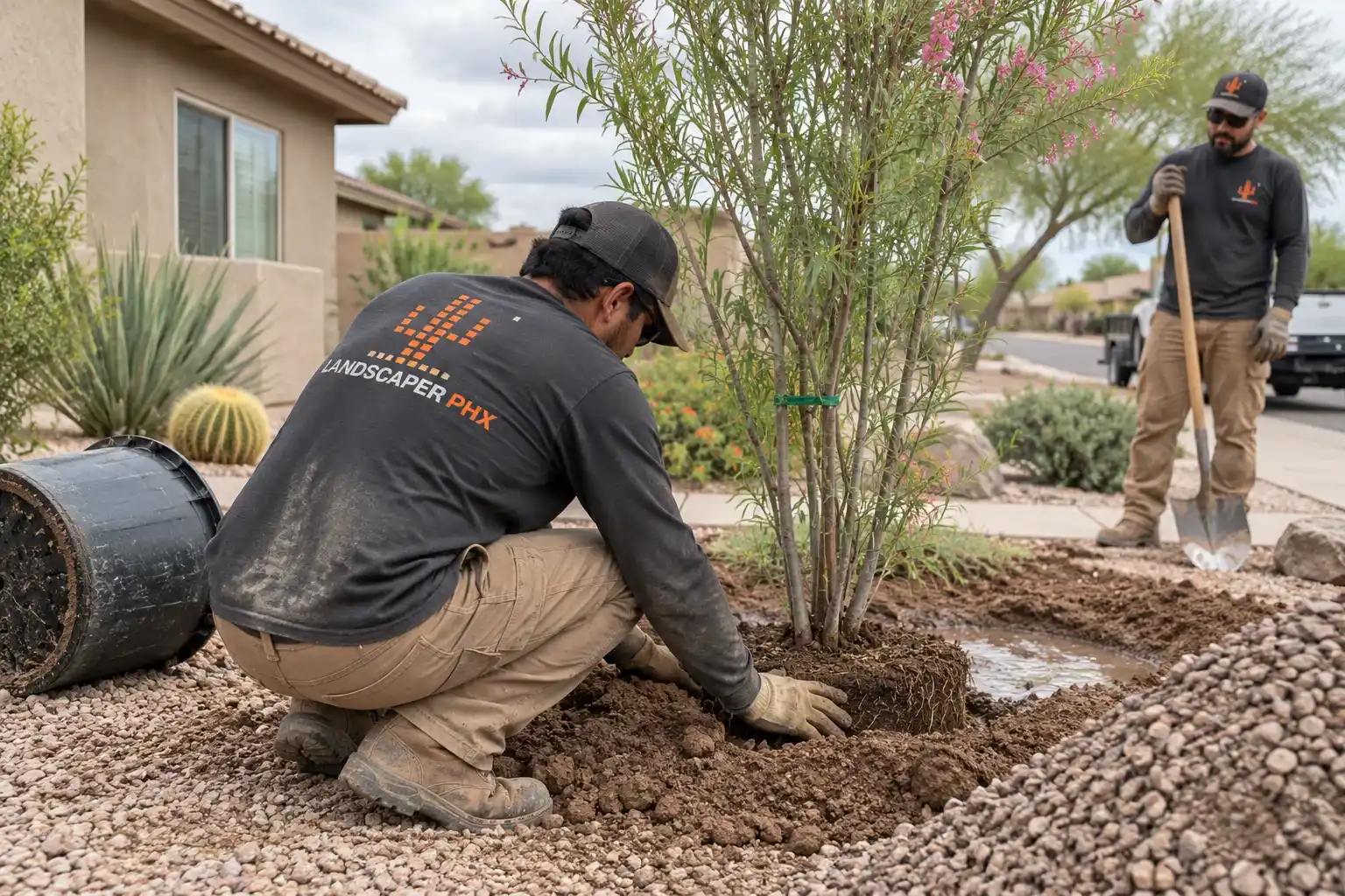 Two landscapers planting a young desert willow tree in a gravel yard