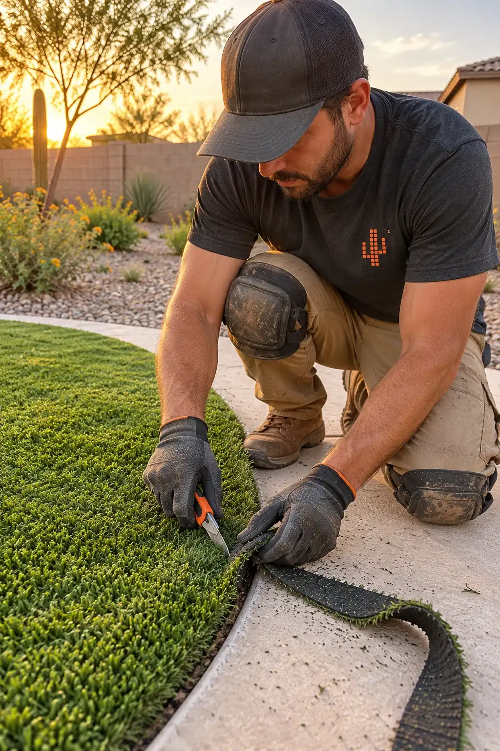 Landscaper trimming the edge of artificial turf along a concrete path at golden hour
