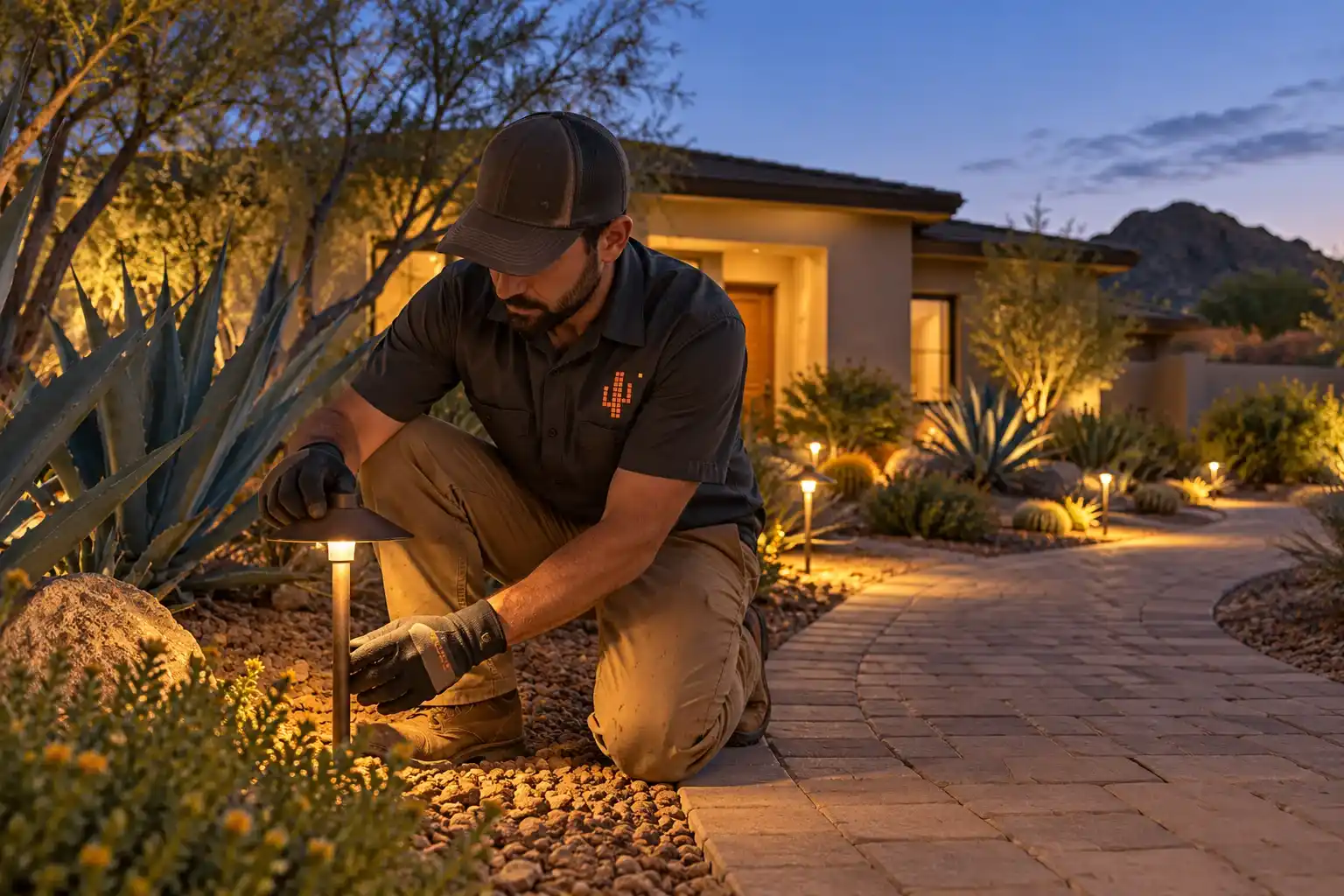 Landscaper adjusting a path light beside agaves on a paver walk at twilight