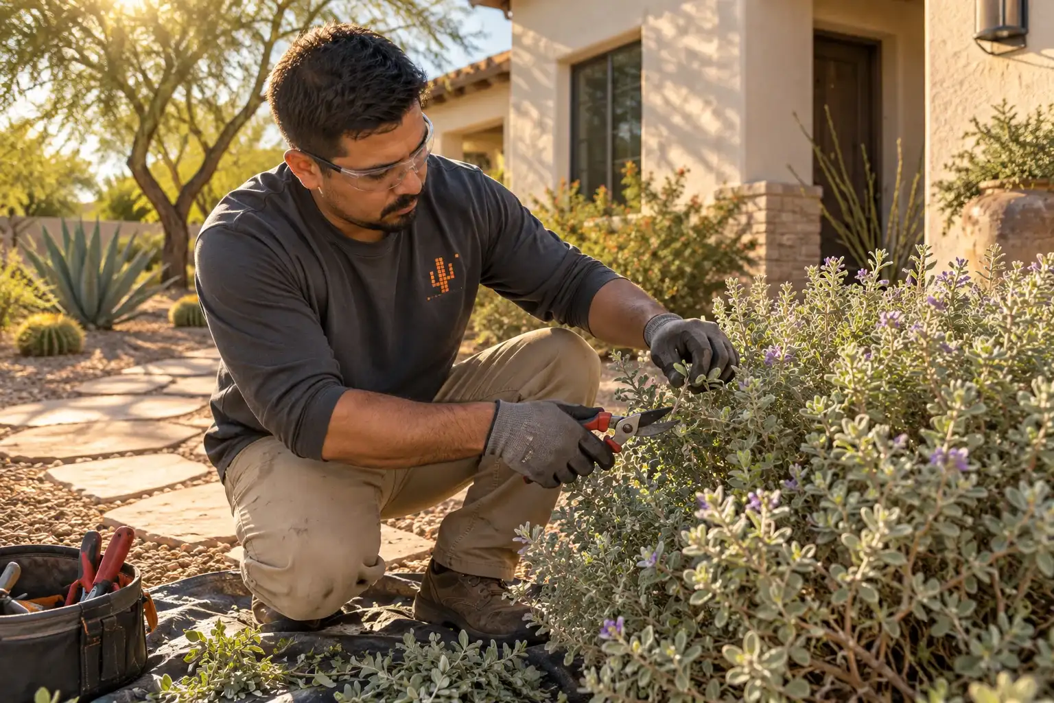 Landscaper pruning a Texas sage shrub by hand beside a stucco house